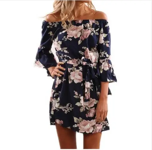 

Летнее платье с цветочным принтом, сексуальное пляжное платье с открытыми плечами и вырезом лодочкой, повседневное женское платье с раскле...