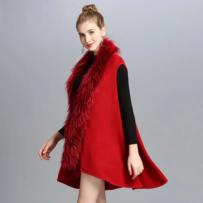 2019 Europe autumn winter Knitted vest women fashion Faux fox fur collar knit cardigan sleeveless Cardigan shawl coat w699 |