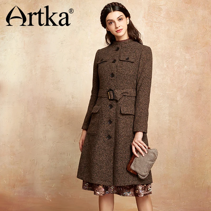 Женское шерстяное пальто ARTKA элегантное ТРАПЕЦИЕВИДНОЕ с поясом длинная куртка
