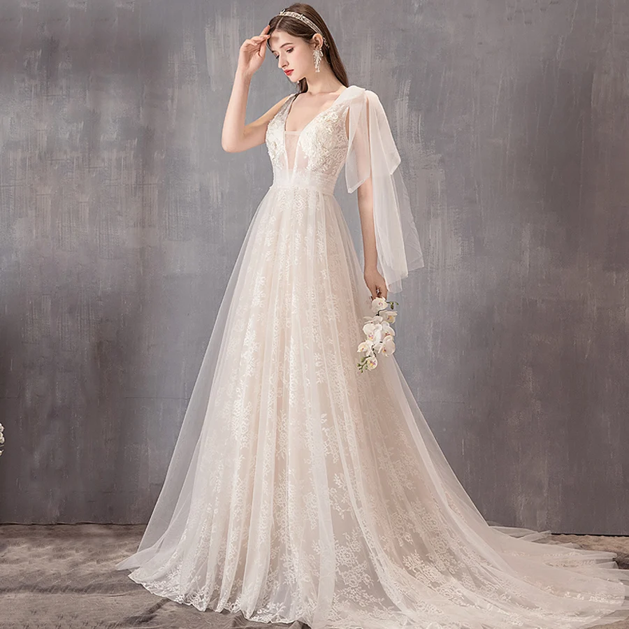 ADLN кружевные свадебные платья Vestido De Novia с рукавом-крылышком и v-образным вырезом, винтажные свадебные платья, платье принцессы, невесты