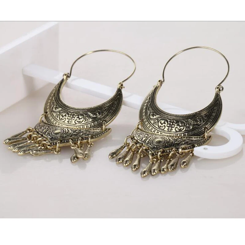 Bohemia Vintage Retro Tribal Antique Silver Ethnic Carved Moon Long Tassel Earrings for Women Jewelry Punk Beads Earring | Украшения и