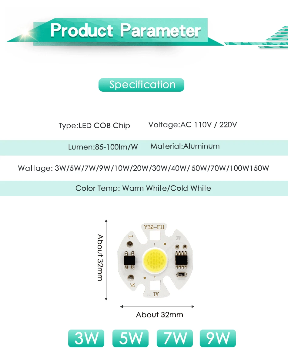 Светодиодный COB чип лампа Smart IC 3 Вт 5 Вт 7 Вт 10 Вт 20 Вт 50 Вт 70 Вт 100 Вт 150 Вт Встроенный прожектор заливающего света нет необходимости привода DIY светильник из бисера точечный светильник