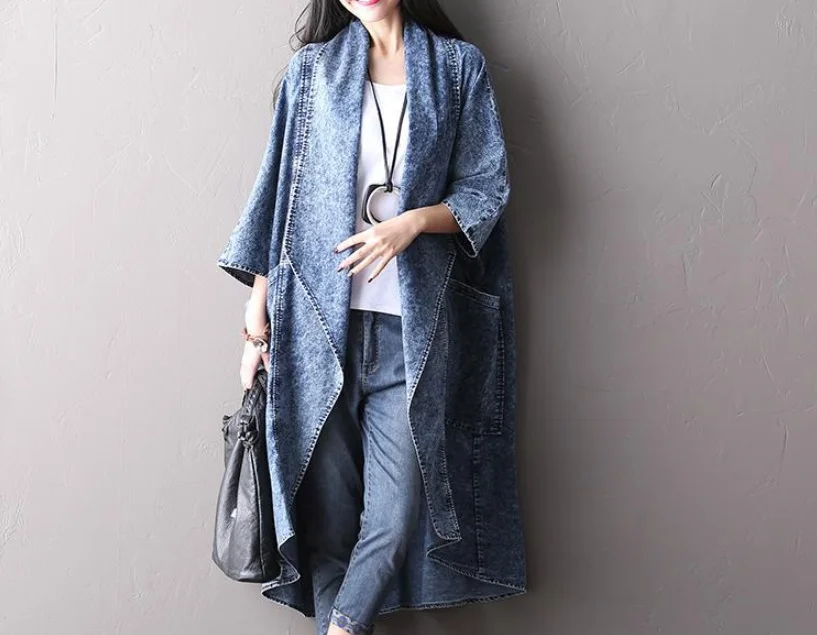 Весна Осень Женщины с рукавом летучая мышь хлопковое джинсовое пальто большим