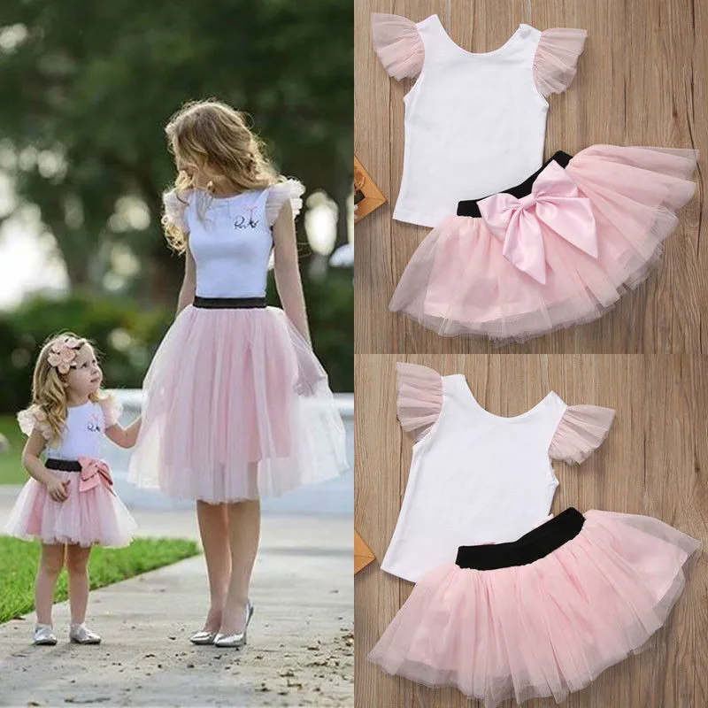 

Family Matching Outfits Women Baby Girls Kids Skirt Sets Mother Daughter Sleeveless Top T-shirt Mini Tulle Tutu Skirt White Pink