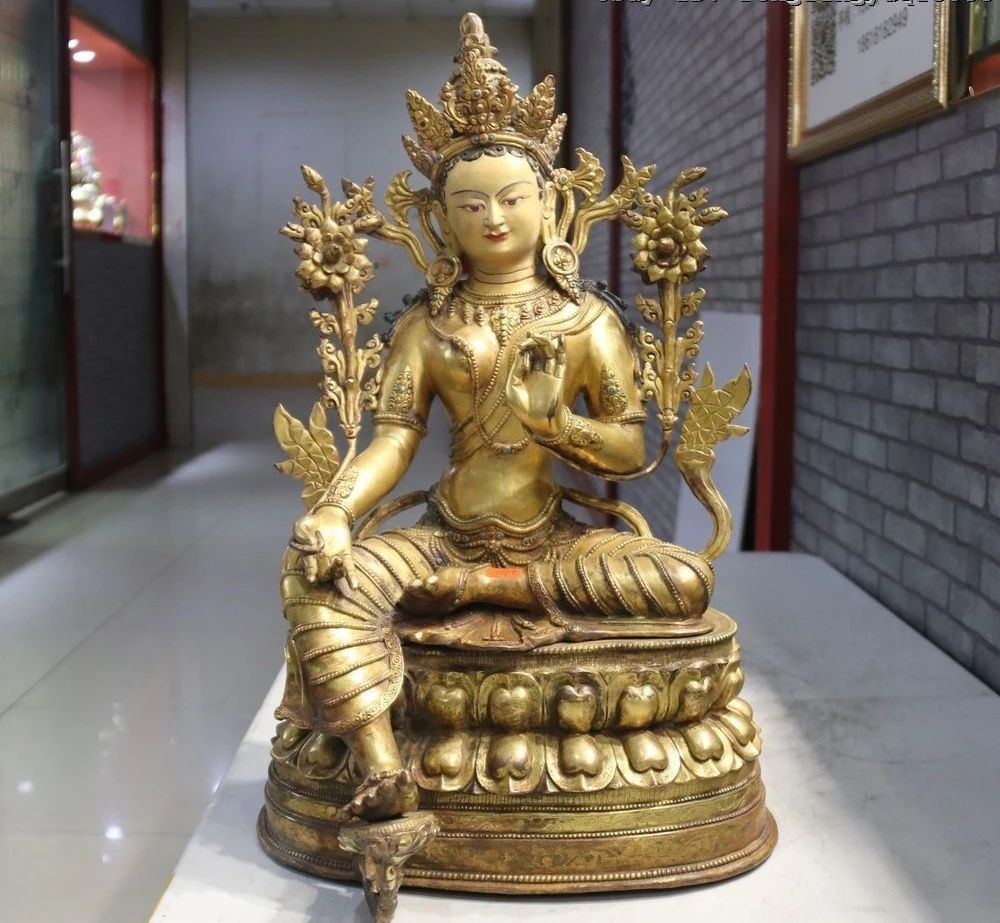 Тибет Лхаса старый Золотой позолоченная медь зеленый Tara Kwan-Yin Bodhisattva богиня Будда