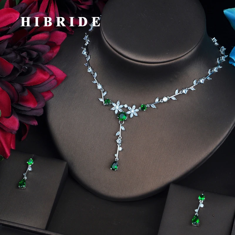 HIBRIDE новый зеленый цвет ювелирные наборы роскошные серьги свадебные ожерелье