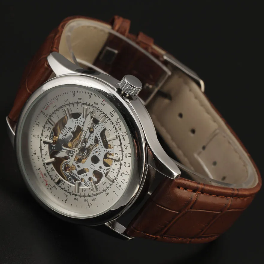 Новинка 2016 модные мужские часы скелетоны SEWOR в стиле ретро с кожаным ремешком