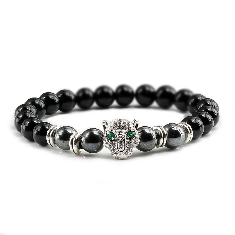 Мужской браслет с подвесками цвета розового золота головой леопарда и бусинами