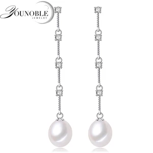 Длинные серьги с жемчугом-капли для женщин, свадебные серьги с пресноводным жемчугом, ювелирные изделия из серебра 925 пробы, Подарок на годовщину, 8-9 мм, подарочная коробка