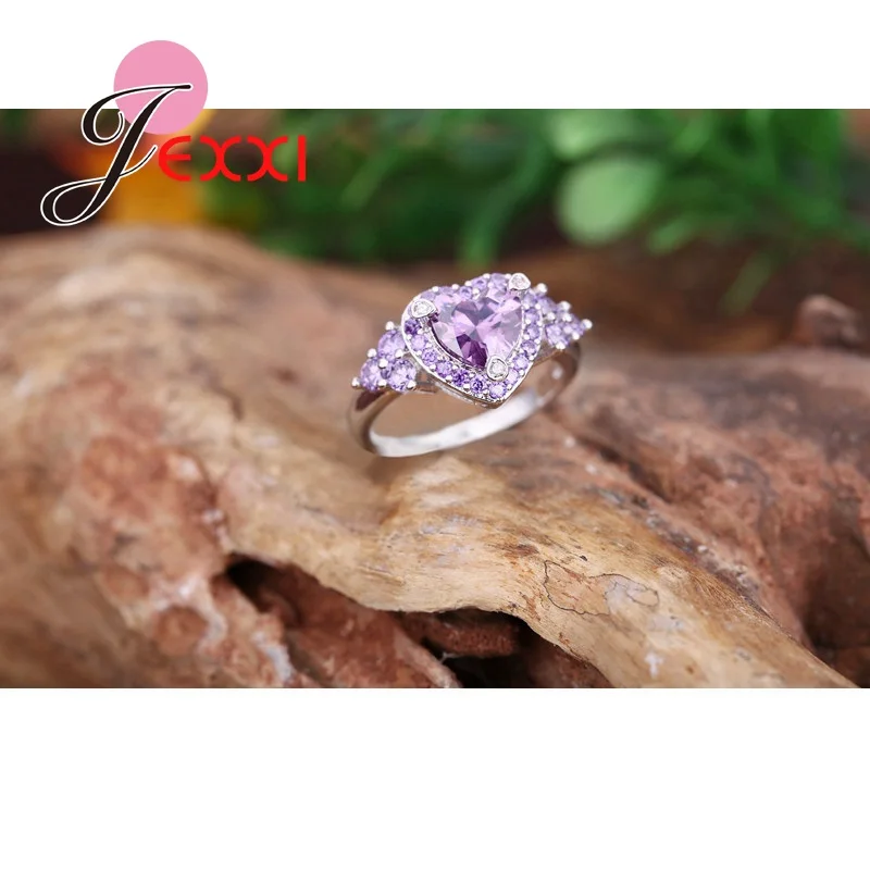 

Heart Shaped 925 Sterling Silver Bridal Wedding Accessories Finger Ring Women Bijoux Accessories Purple Zircon Love Gift