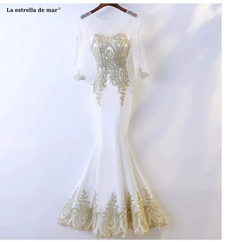 

Wedding guest dress2021 new Scoop neck lace satin half sleeve ivory golden sexy mermaid bridesmaid dress long vestido madrinha