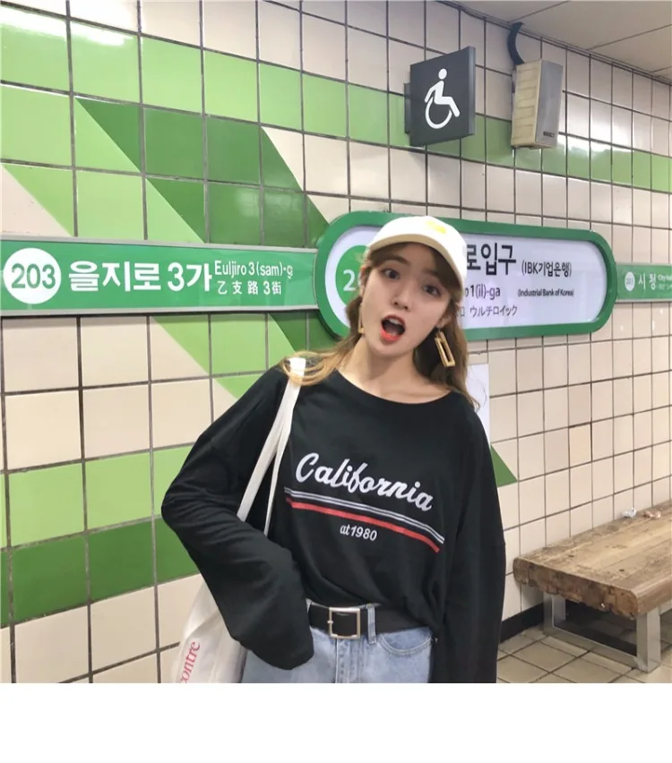 Женская футболка в Корейском стиле Ulzzang Harajuku, Повседневная футболка с буквенным принтом и длинным рукавом для женщин, свободная желтая футболка с круглым вырезом, топы