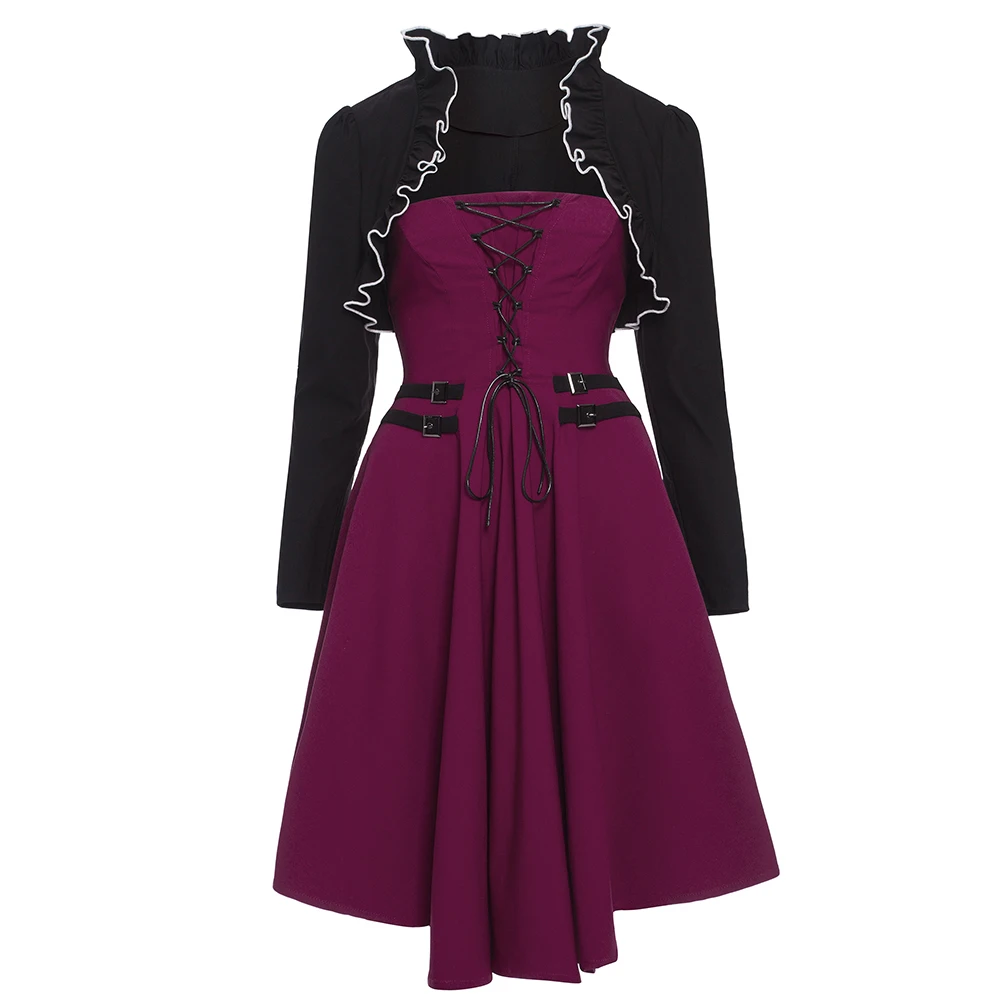 

Rosetic Gothic Dress Lace Up Black Women Strapless Patchwork Retro Dress Dark Red Party Punk Vintage Goth Elegant Party Dresses