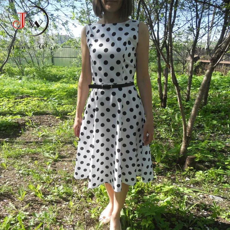 Летнее платье в горошек с бантом для женщин Ретро стиль Одри Хепберн RockabillyPinup