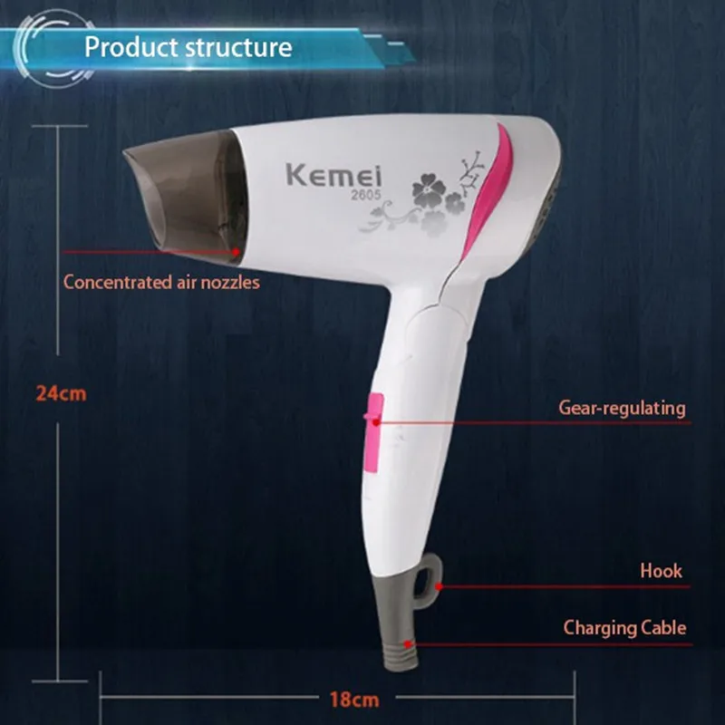 Kemei KM-2605 белый складной маленький бытовой мини фен для волос с европейской вилкой