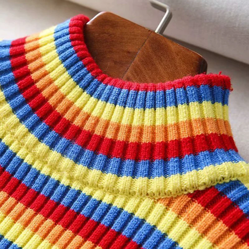 GOPLUS Rainbow Women's Sweater Winter Autumn Slim Striped Colorful Turtleneck Sweaters For Women Pullover Clothing | Женская одежда