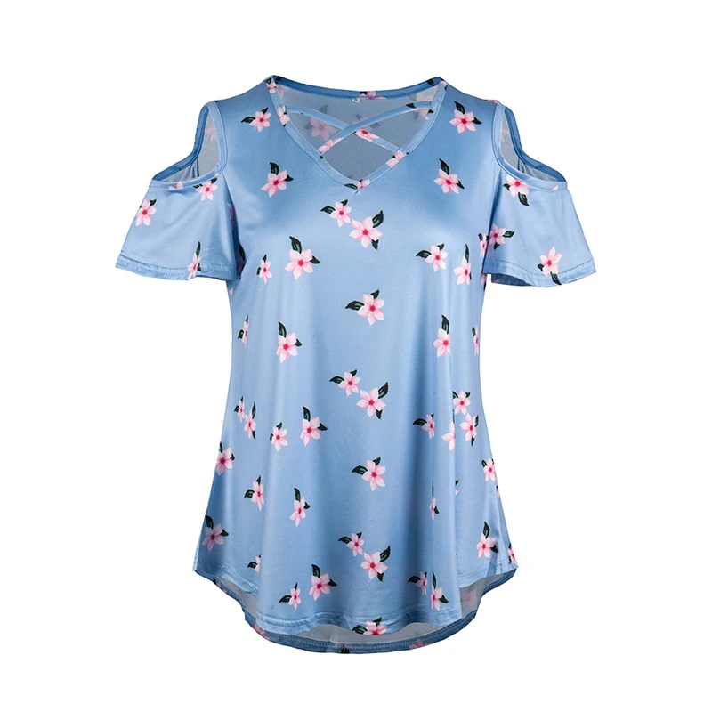 Модная Цветочная футболка Boho женская летняя с открытыми плечами короткий рукав