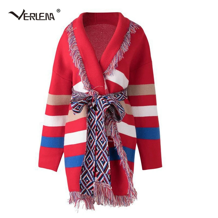 Verlena 2019 теплый толстый кардиган в полоску с поясом зимний свитер женские вязаные
