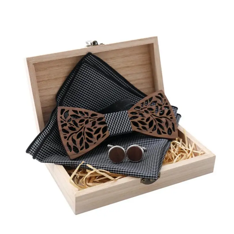 Топ деревянный галстук бабочка носовой платок набор мужской клетчатый полый
