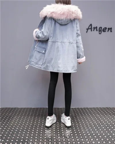 light blue pink fur MUMUZI, модное женское светло-голубое пальто с большим воротником из меха енота, парки, верхняя одежда с меховой подкладкой, зимние куртки, парки - Цвет: light blue pink fur