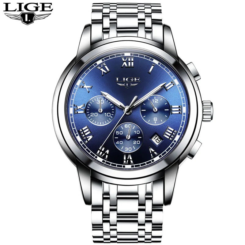 S silver blue LIGE, мужские часы, Модный Топ бренд, роскошные деловые автоматические механические часы, мужские повседневные водонепроницаемые часы, мужские часы+ коробка - Цвет: S silver blue