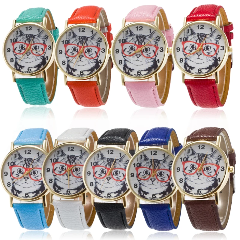 Модные женские часы с циферблатом милые повседневные милым рисунком кота