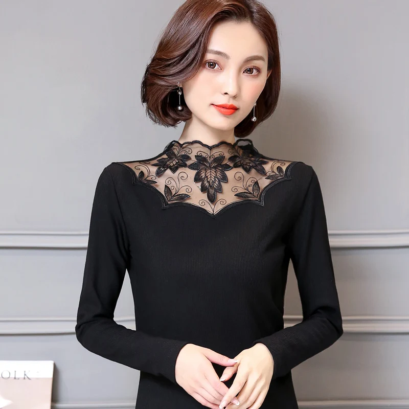 Женская Толстая бархатная футболка с длинным рукавом и кружевным воротником |