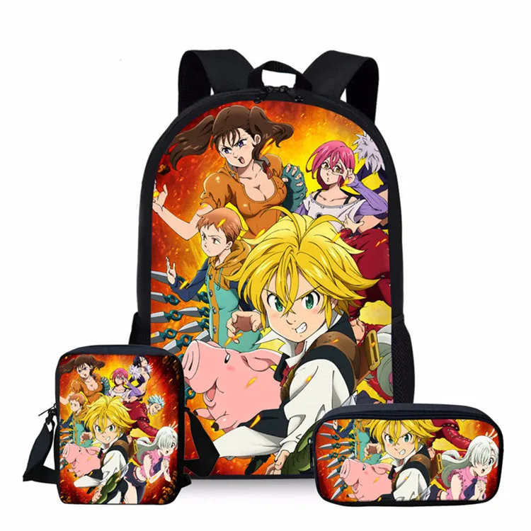 THIKIN BAG THIKIN/детский школьный рюкзак с рисунком из аниме Seven Deadly Sins, школьная сумка для мальчиков и девочек, комплект из 3 предметов, Nanatsu No Taizai Meliodas Elizabeth - Цвет: THIKIN BAG