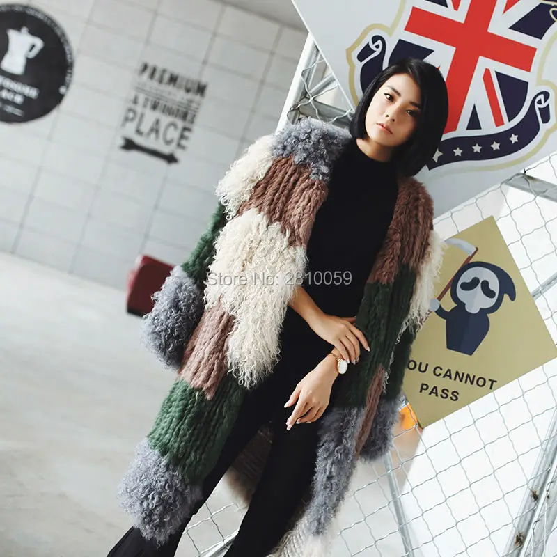 J0054 2017 Runway Show New Fashion Design Sheep Real Fur Coat Women winter Genuine Mongolian Lamb Rabbit fur | Женская одежда