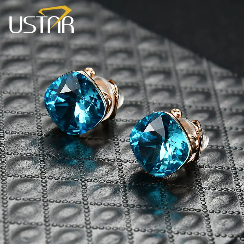 Light Blue Gold USTAR квадратные клипсы с кристаллами для женщин с кубическим цирконием ААА модные ювелирные изделия серьги женские brincos Нескользящие пробки - Окраска металла: Light Blue Gold