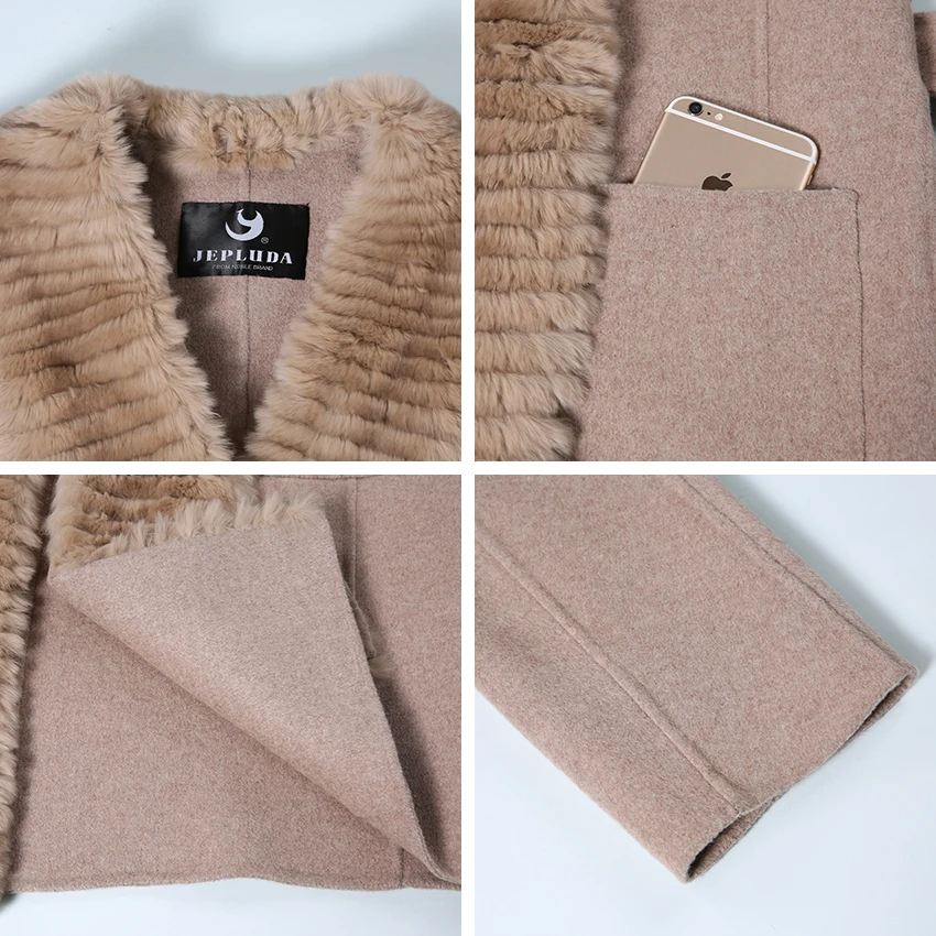 JEPLUDA New Cashmere Coat Women Genuine Rex Rabbit Fur Lapel Collar Wool long Real Leather Jacket Women|Шубы и дубленки| |