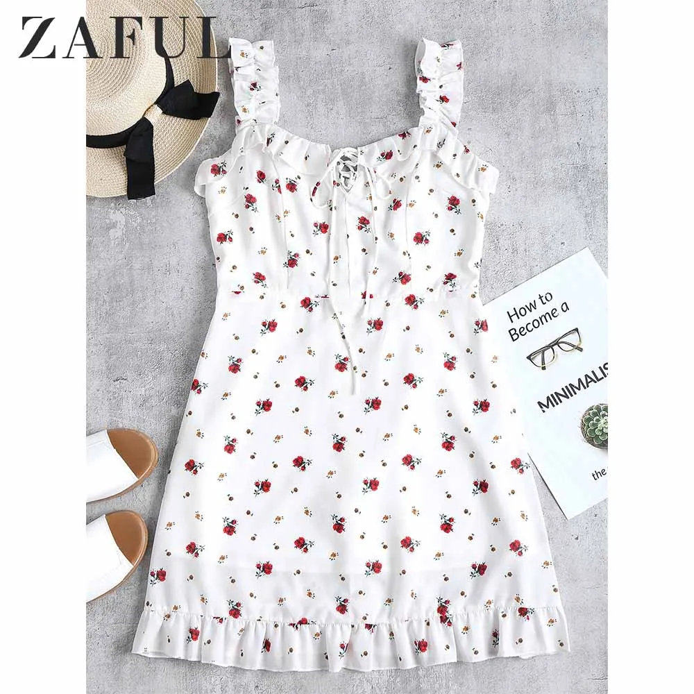 ZAFUL оборками с спиной мини-платье женщины лето зашнуровать оборками без рукавов A-силует Сарафан Платья для девочек