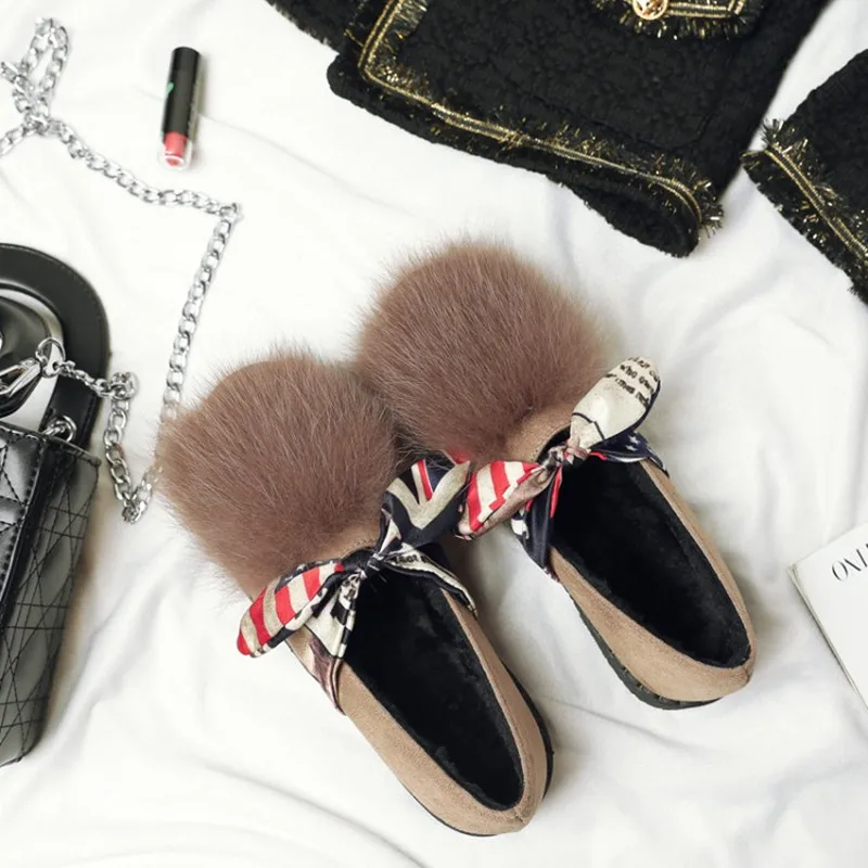 

Plus Size 34-45 New Women Shoes Autumn Winter Real Rabbit Fur Platform Flats Warm Loafers Ladies Shoes Slip On Plush Boat Shoes