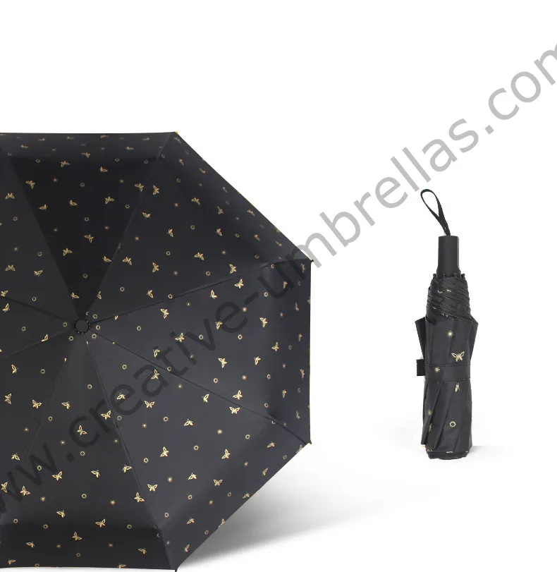 

Ox flexible fiberglass windproof 5times black coating anti-UV parasol pocket folding golden butterflies digital 3Dprint umbrella