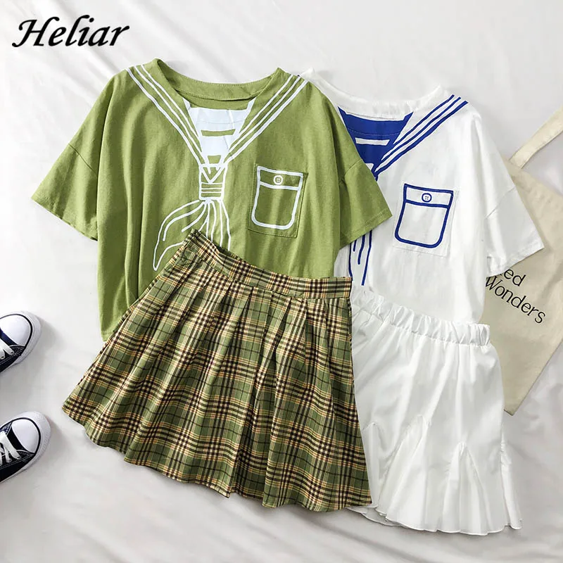 Heliar костюмы японского моряка мультяшный принт футболка и мини-юбка Harajuku Kawaii