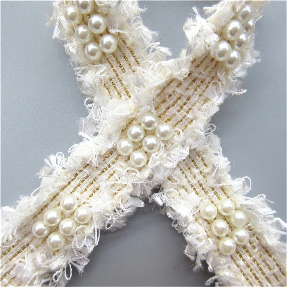 Кружевная тканевая Обшивка с белыми перламутровыми бусинами 2 метра 3 см лента