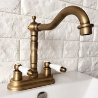 antique brass double handle bathroom faucet basin sink tap hot and cold water mixer tap deck mounted bathroom faucet zan065
