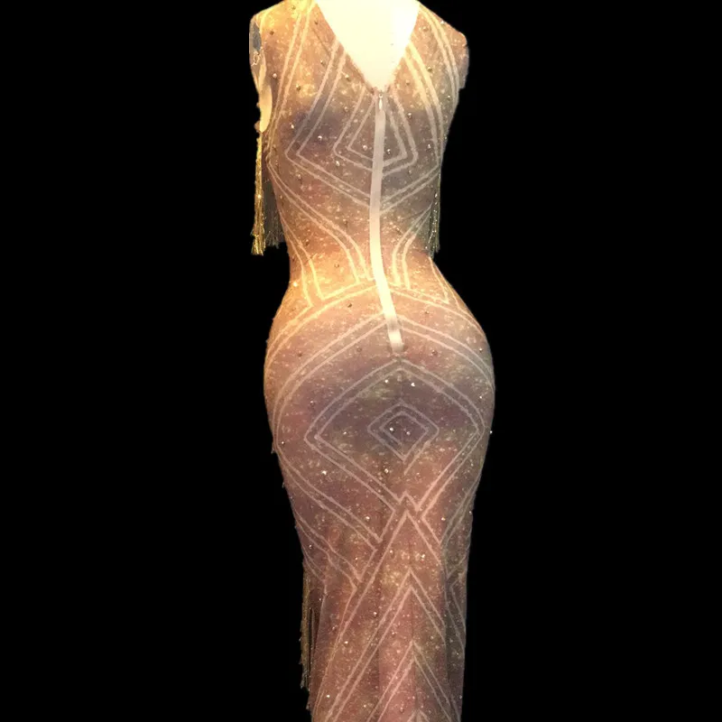 

Women Evening Party Long Stretch Skinny Dress Stage Costumes Rhinestones Floor Length Fashion Dress Dancer Performance Dress