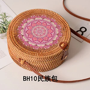 BH10 Женские сумки из ротанга с цветочным принтом, Пляжная винтажная сумка через плечо, женская Соломенная круглая Сумка-слинг B126 - Цвет: BH10