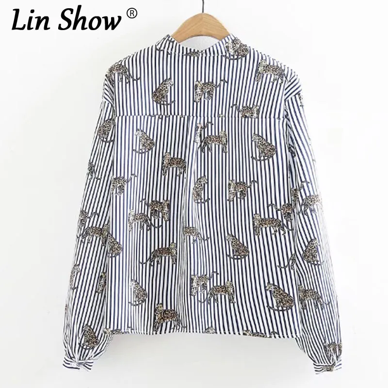 Linshow Мода Животных Печатные Блузка с длинным рукавом белый полосатый Питер Пэн