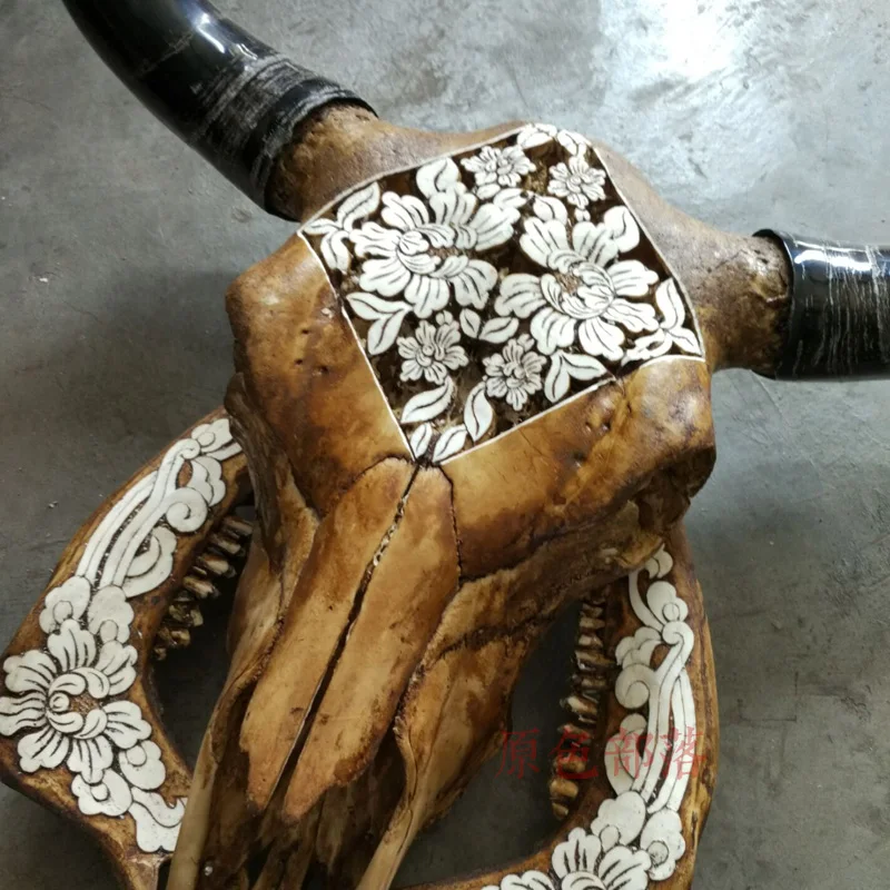 Голова искусства Ремесла тибетская натуральная резьба старый Як череп овечка