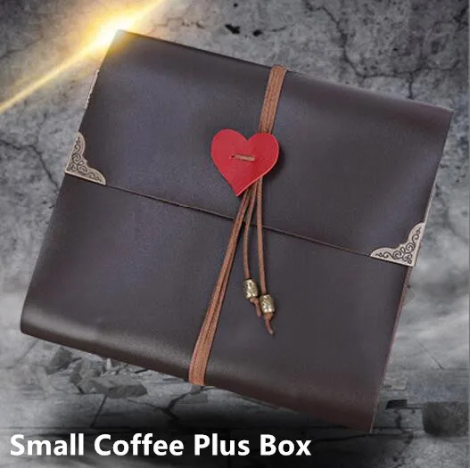 Small Coffe Plus Box 5/10/12 дюймов Винтаж ПУ Обложка фотоальбомы «любящее сердце» веревка Комплект путешествия DIY Детские подарки на день рождения маленьких книга памяти черными страницами - Цвет: Small Coffe Plus Box