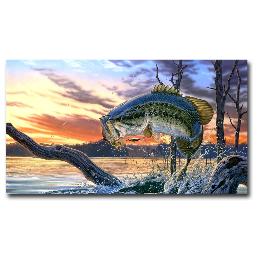 Большой рот бас вода Закат рыба животные постеры и принты Гостиная Искусство