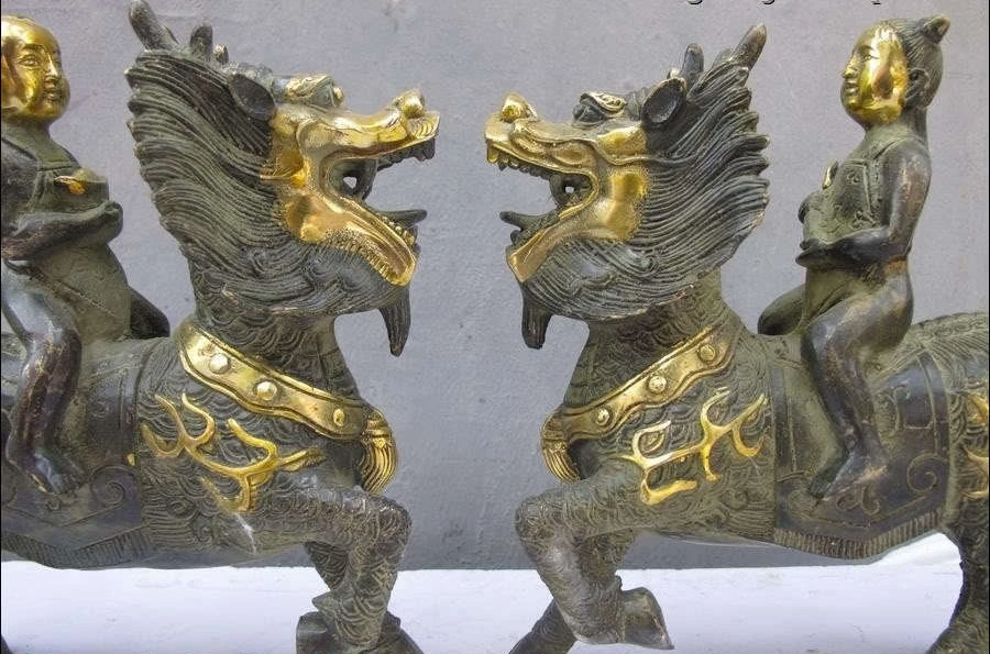 China Feng Shui Bronze Gilt Lucky Yuanbao Wealth baby Dragon kylin statue pair | Дом и сад