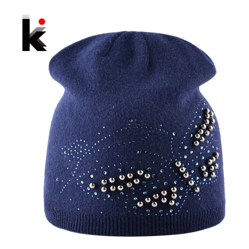 Ladies Knitted Bonnet Beanies Cap Women Pearls Butterfly Rhinestone Rabbit Wool Hat For Girls Autumn And Winter Female Skullies |