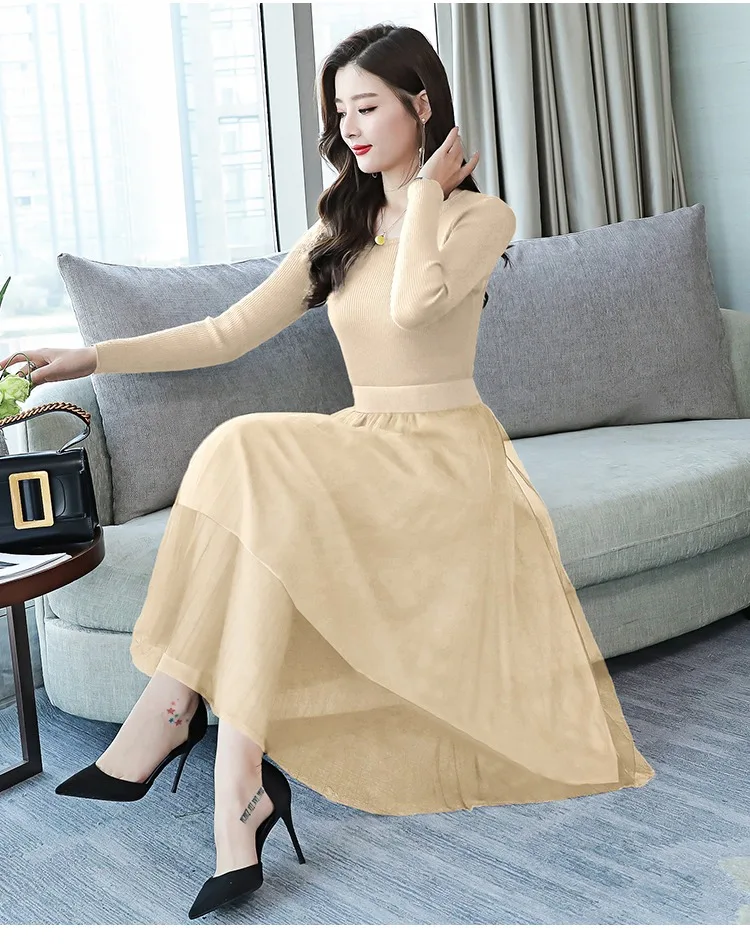 Весеннее женское вязаное Сетчатое лоскутное платье с длинным рукавом, бальное платье, элегантное женское Повседневное трикотажное ТРАПЕЦИЕВИДНОЕ ПЛАТЬЕ
