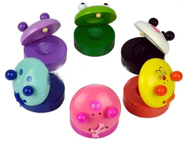 Baby Educational Toy Cartoon Kids Wooden Castanet Clapper Handle Musical Instrument Toy Baby Hand Grasping Toy Gift Random Color