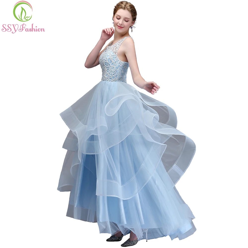 SSYFashion Новые Вечерние платья светло голубое кружевное Бисероплетение
