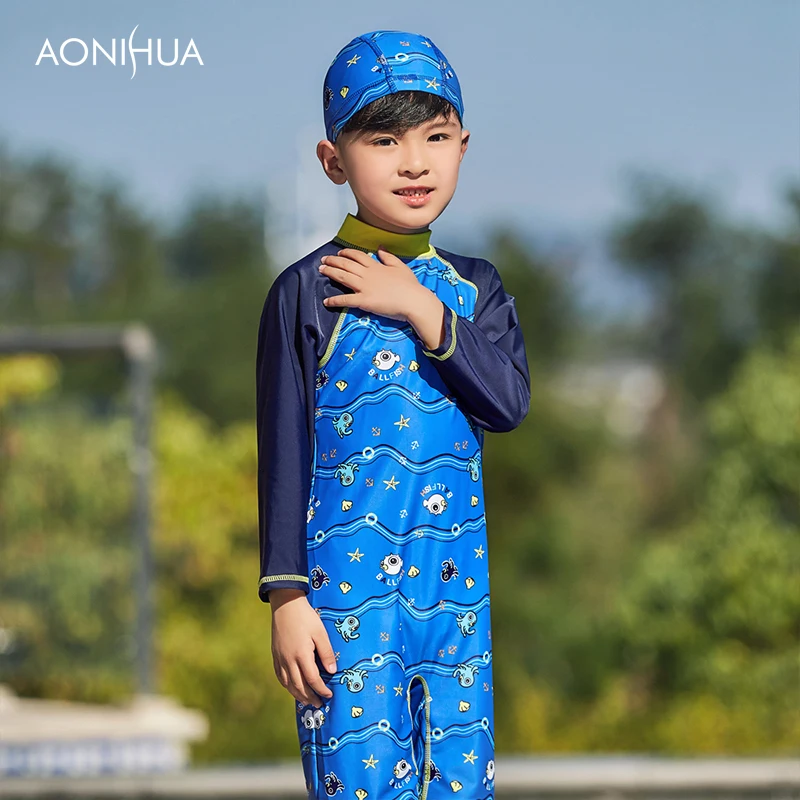 

AONIHUA Kids Boys One-piece Long Sleeve Swimsuit Bathing Suit for Children's Clothing Rash Guards Surf Clothes 1054