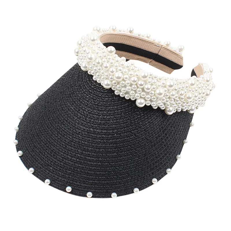 Summer Women Pearl Headband Hat Raffia Visor Caps For Girls Beach Hats Braided Fashion Cap Lady Summer Straw Sun Hat New - Цвет: Черный